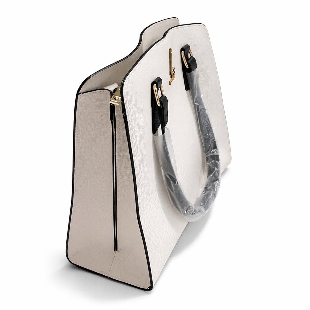Loulu White Saffiano Faux Leather Top Handle Purse with Black Handles Gold Logo - Picture 3 of 11